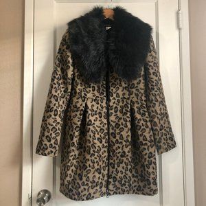 Cheetah Patterned Coat w/ Faux Black Fur Collar